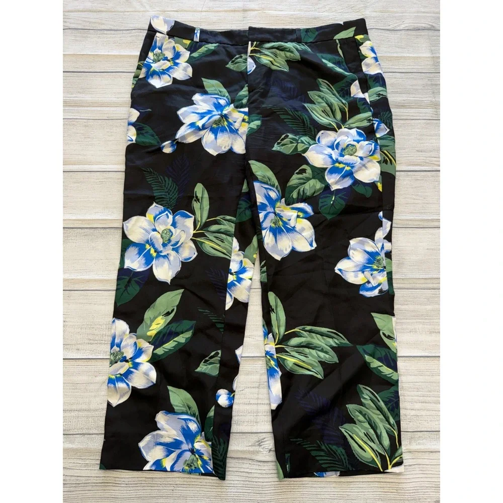 Banana Republic Avery Fit Floral Pants Womens 12 Black Blue Linen Blend Cropped